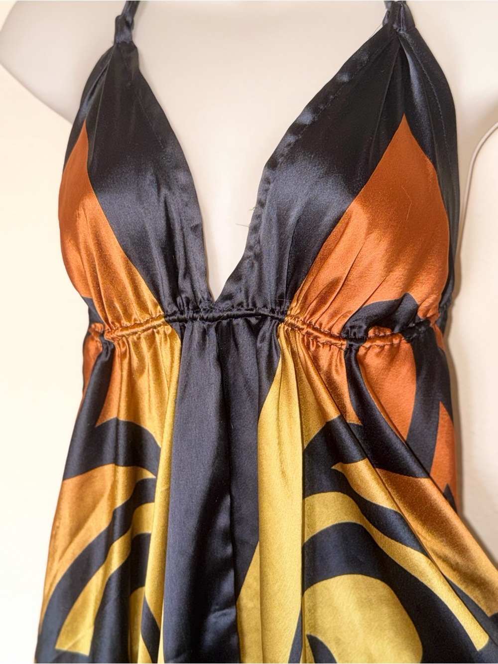 Y2K Black & Burnt Orange Satin Halter Dress - Picture 6 of 16